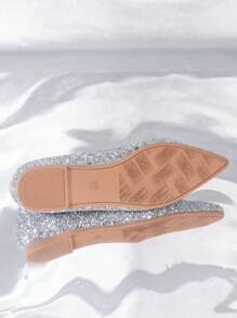 Glamorous Silver Flats For Women, Glitter Point Toe Ballet Flats - Silver - View 7
