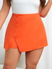 SHEIN Privé Plus Button Front Split Hem Skort - Orange - View 5