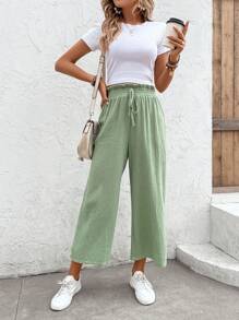 SHEIN Frenchy 紙袋腰前打結長褲 - 綠色 - 查看 7