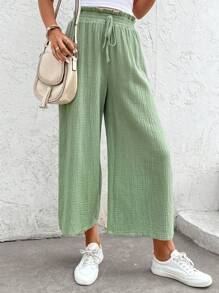 SHEIN Frenchy 紙袋腰前打結長褲 - 綠色 - 查看 3