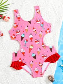 Toddler Girls Ice Cream Print Cut Out Ruffle Trim One Piece Swimsuit - Pink - View 1