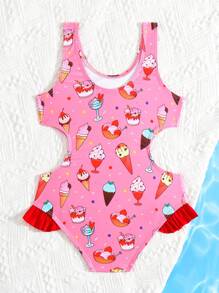 Toddler Girls Ice Cream Print Cut Out Ruffle Trim One Piece Swimsuit - Pink - View 2