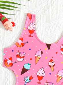 Toddler Girls Ice Cream Print Cut Out Ruffle Trim One Piece Swimsuit - Pink - View 3