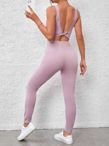 SHEIN Twist Backless Sports Jumpsuit - Lilac Purple - View 1