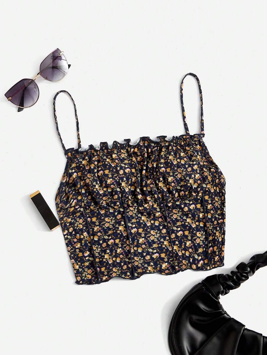 Soleia Ruched Bust Lettuce Trim Ditsy Floral Cami Top - Multicolor - View 1