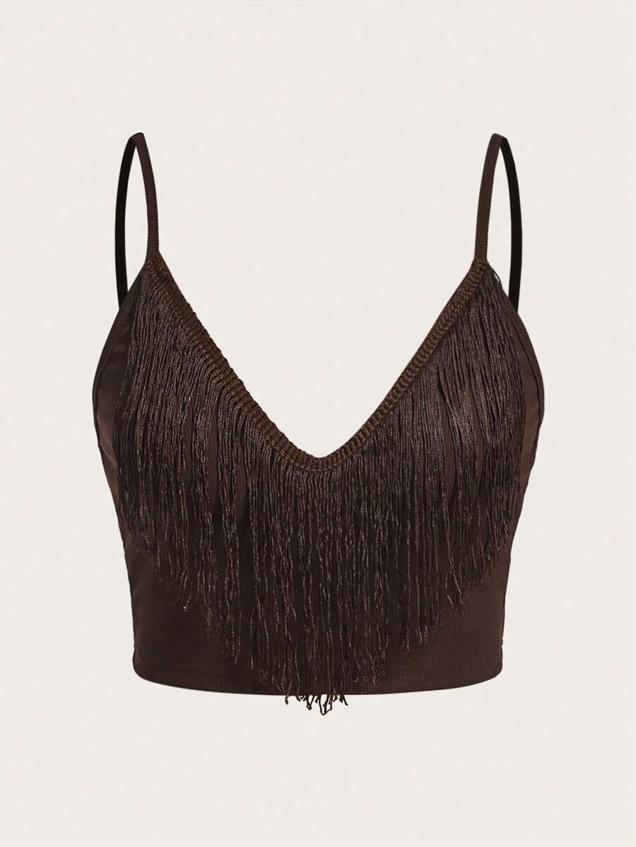 SHEIN ICON Áo hai dây mép màu trơn Giải trí - Cà phê nâu - Xem 1