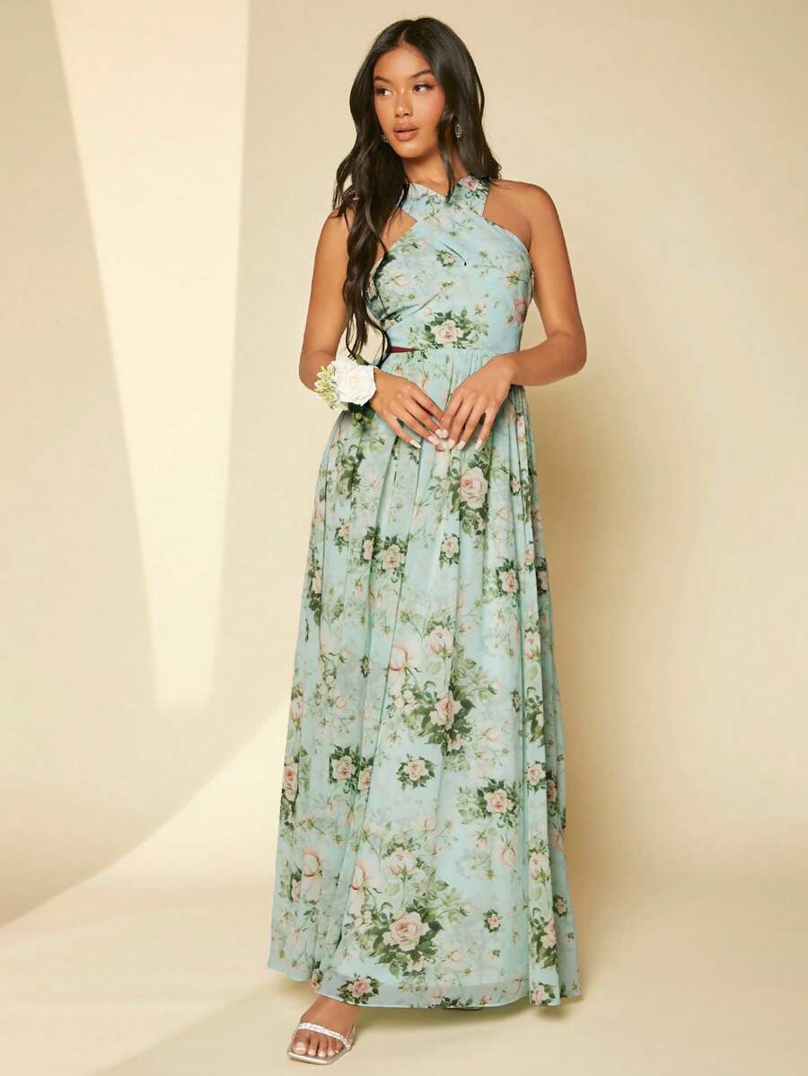 SHEIN Belle 花卉印花挂脖连衣裙 - 彩色 - 查看 1