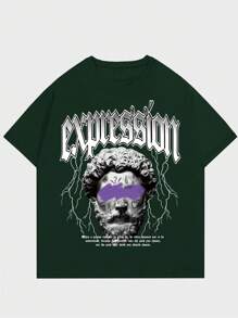 ROMWE MEN Hombres Camiseta con estampado de slogan y figura - Verde Oscuro - Ver 1