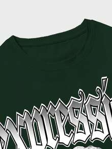 ROMWE MEN Hombres Camiseta con estampado de slogan y figura - Verde Oscuro - Ver 3