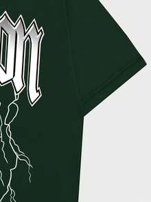 ROMWE MEN Hombres Camiseta con estampado de slogan y figura - Verde Oscuro - Ver 4