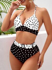 Bañador bikini halter de lunares - Blanco y Negro - Ver 3