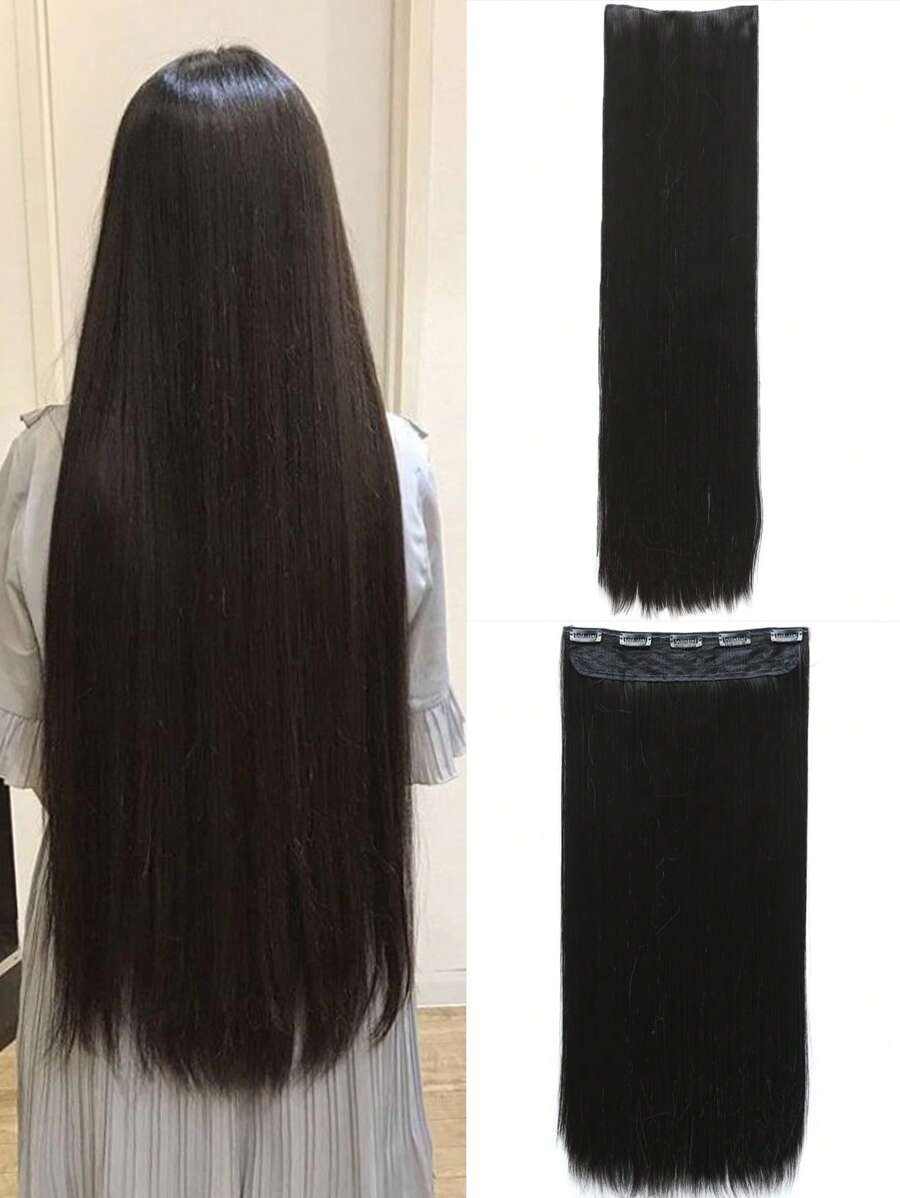 28/40 英寸合成超長假髮 5 夾式接發耐熱長直黑色假髮女式天然黑色 - 黑色 - 查看 1