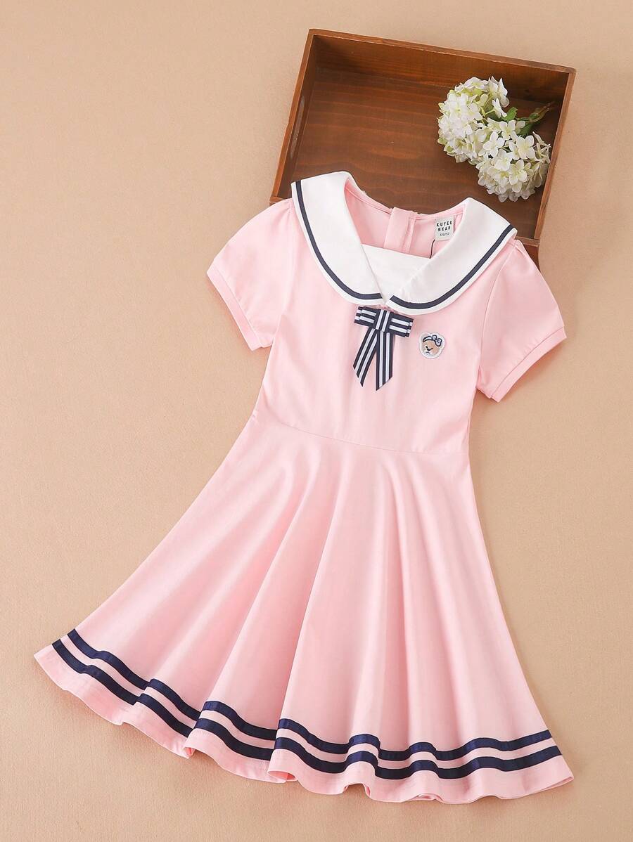 Đầm Gái Nơ Bướm Tương phản ren Đắp vá Hoạt hình Sọc Dễ thương - Hồng - Xem 1