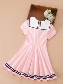 Đầm Gái Nơ Bướm Tương phản ren Đắp vá Hoạt hình Sọc Dễ thương - Hồng - Xem 2