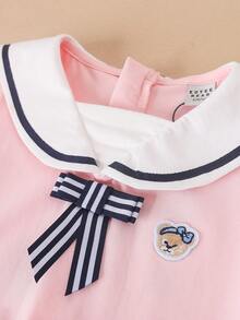 Đầm Gái Nơ Bướm Tương phản ren Đắp vá Hoạt hình Sọc Dễ thương - Hồng - Xem 3