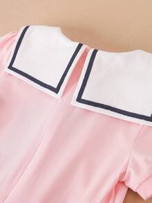 Đầm Gái Nơ Bướm Tương phản ren Đắp vá Hoạt hình Sọc Dễ thương - Hồng - Xem 4