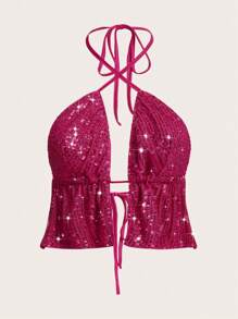 SHEIN ICON Tie Backless Sequin Halter Top - Hot Pink - View 1