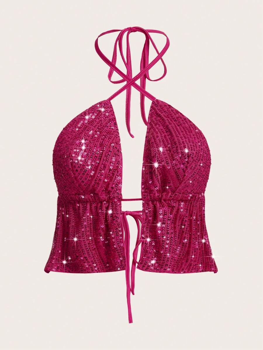 SHEIN ICON Tie Backless Sequin Halter Top - Hot Pink - View 1