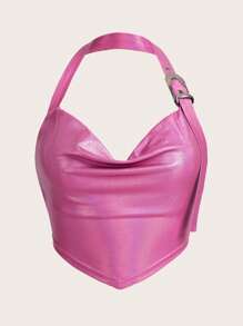 SHEIN X Doris Jocelyn SHEIN ICON Draped Collar Backless Bandana Hem Crop Halter Top - Hot Pink - View 1