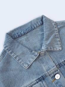 SOLOCOTE 女孩翻蓋口袋落肩袖牛仔夾克 - 淺色水洗藍 - 查看 5