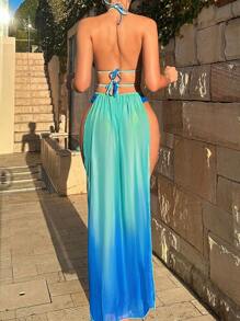 Swim SXY Summer Beach Ombre Halter Triangle Bikini Set With Beach Skirt - Multicolor - View 2