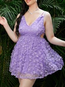 Plus Appliques Mesh Overlay Cami Dress - Purple - View 3