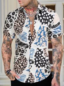 Manfinity RSRT Men Leopard Print Short Sleeve Button Up Graphic Vacation Beach Shirt - Multicolor - View 3