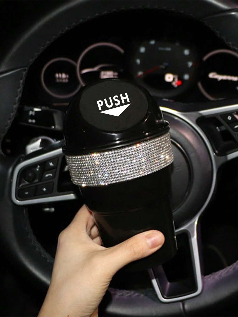 1pc Rhinestone Decor Leakproof Multi-Function Cup Shaped Car Garbage Can - Black - View 1