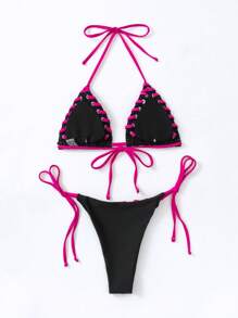 包縫吊脖三角形側繫帶比基尼泳裝 - 黑色 - 查看 4