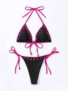 包縫吊脖三角形側繫帶比基尼泳裝 - 黑色 - 查看 6