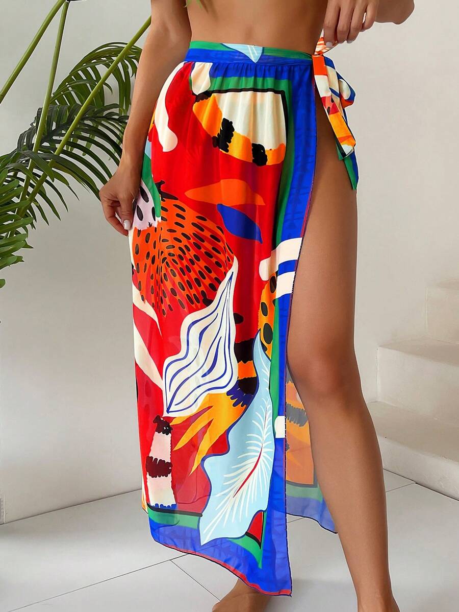 Swim Vcay 2025 Women One-Piece Swimsuit With Side Tie Netted Sheer Wrap Skirt, Sexy Floral Print Versatile Sarong Wrap Skirt Coverup Summer - Red - View 1