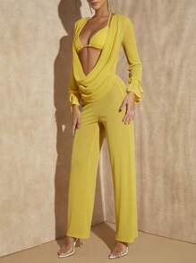 SHEIN BAE Draped Collar Knot Cuff Top & Pants With Bra - Yellow - View 4