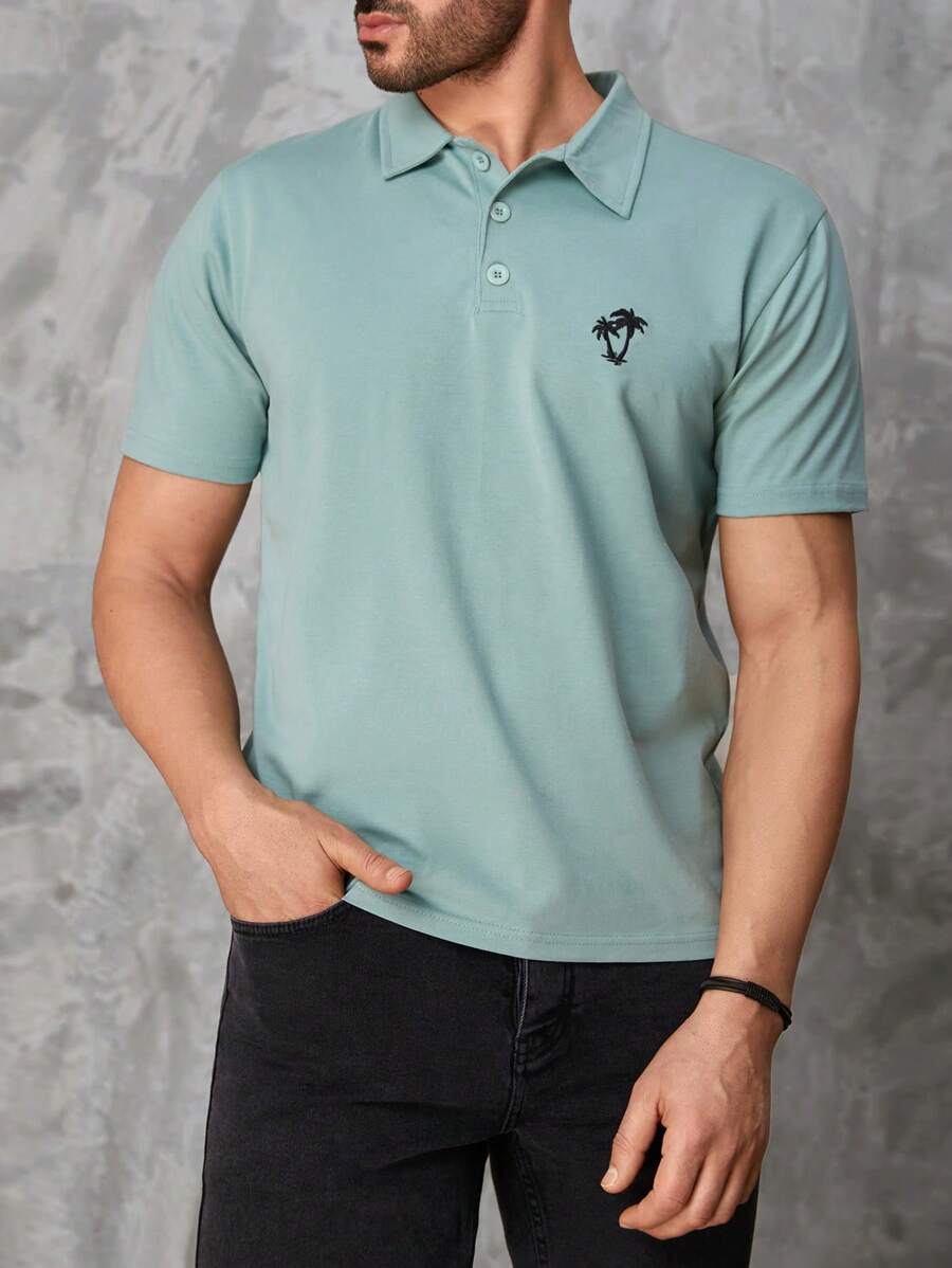 RueChic Men Coconut Tree Print Polo Shirt - Green - View 1