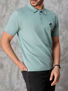 RueChic Men Coconut Tree Print Polo Shirt - Green - View 4