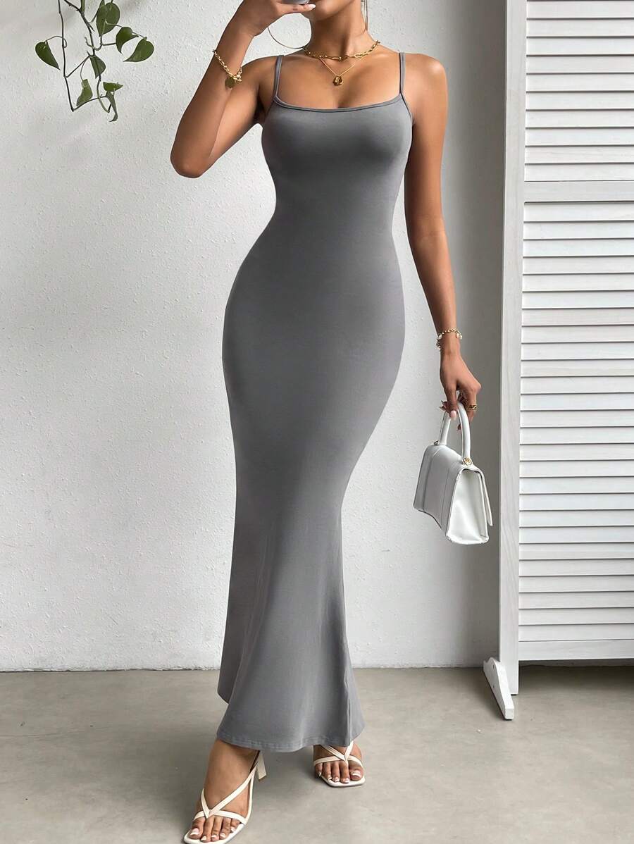 SHEIN Essnce Solid Mermaid Hem Cami Dress - Grey - View 1