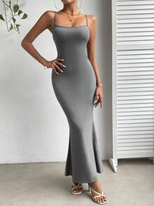 SHEIN Essnce Solid Mermaid Hem Cami Dress - Grey - View 5