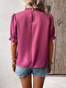 SHEIN LUNE Contrast Lace Frill Trim Puff Sleeve Blouse - Rose Red - View 2