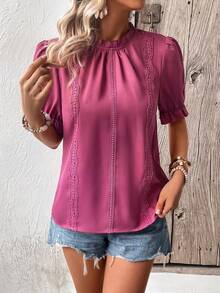 SHEIN LUNE Contrast Lace Frill Trim Puff Sleeve Blouse - Rose Red - View 3