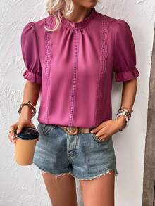 SHEIN LUNE Contrast Lace Frill Trim Puff Sleeve Blouse - Rose Red - View 4