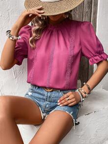 SHEIN LUNE Contrast Lace Frill Trim Puff Sleeve Blouse - Rose Red - View 5