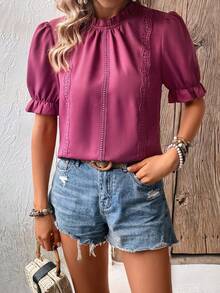 SHEIN LUNE Contrast Lace Frill Trim Puff Sleeve Blouse - Rose Red - View 6