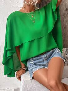 SHEIN Clasi Blusa unicolor de manga capa - Verde - Ver 1