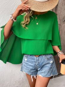 SHEIN Clasi Blusa unicolor de manga capa - Verde - Ver 6