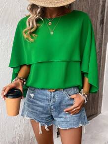 SHEIN Clasi Blusa unicolor de manga capa - Verde - Ver 7