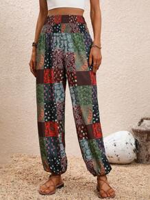 SHEIN Holidaya Patchwork Print Shirred Waist Trousers - Multicolor - View 1