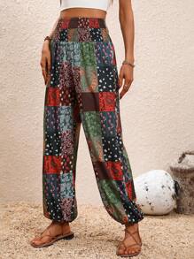SHEIN Holidaya Patchwork Print Shirred Waist Trousers - Multicolor - View 3