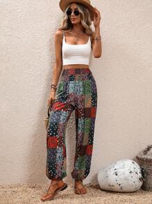 SHEIN Holidaya Patchwork Print Shirred Waist Trousers - Multicolor - View 4