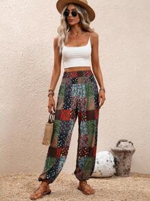 SHEIN Holidaya Patchwork Print Shirred Waist Trousers - Multicolor - View 6