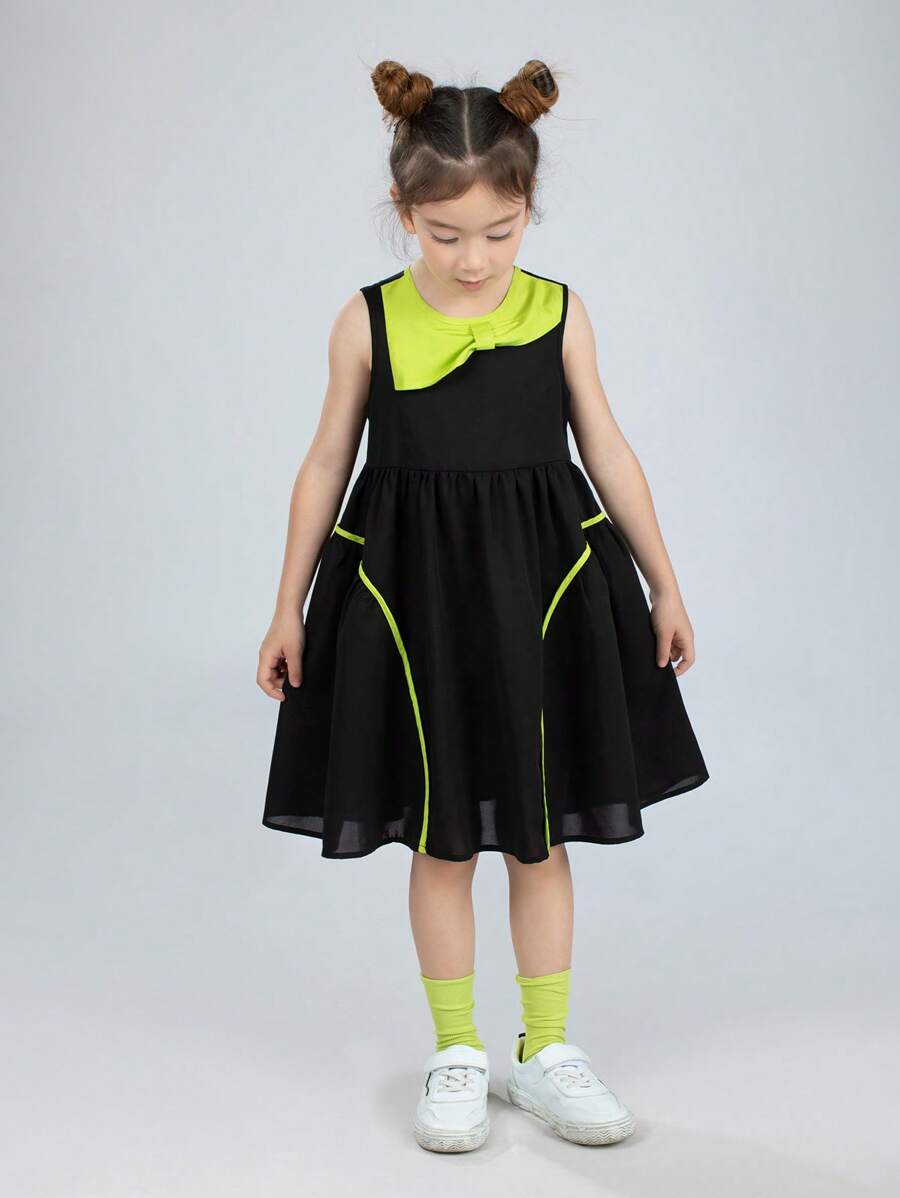 Young Girls' Street Style Fluorescent Green Color Block Bowknot Dress, Great For Party & Vacation In Summer - Black - View 1