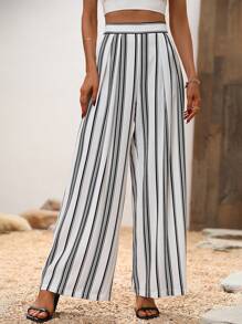 SHEIN VCAY Pantalones de talle alto con estampado de rayas - Blanco y Negro - Ver 1